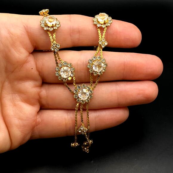 Vtg Unsigned GOLDETTE Crystal Tassel Necklace Double Row Floral Goldtone 16 1/2" - Picture 4 of 8